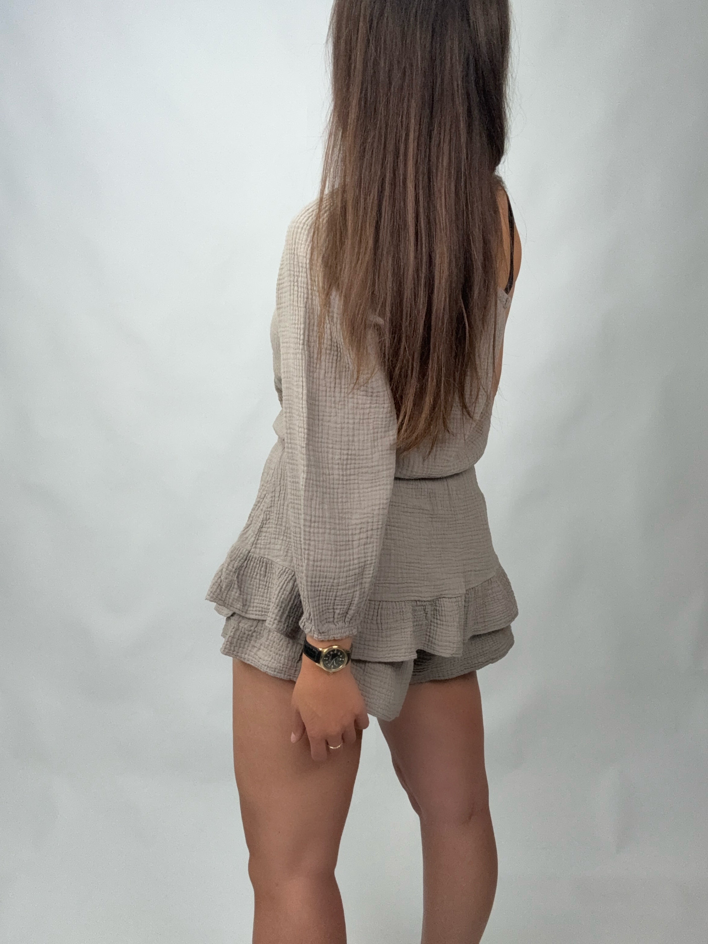 Musselin Jumpsuit Mia Taupe One Shoulder